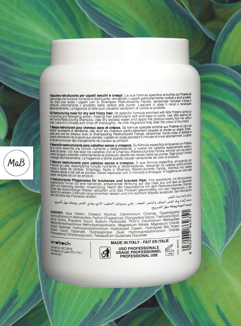 A photograph of the reverse side of a tub of fanola nutricare hair mask with hosta leaves in the background