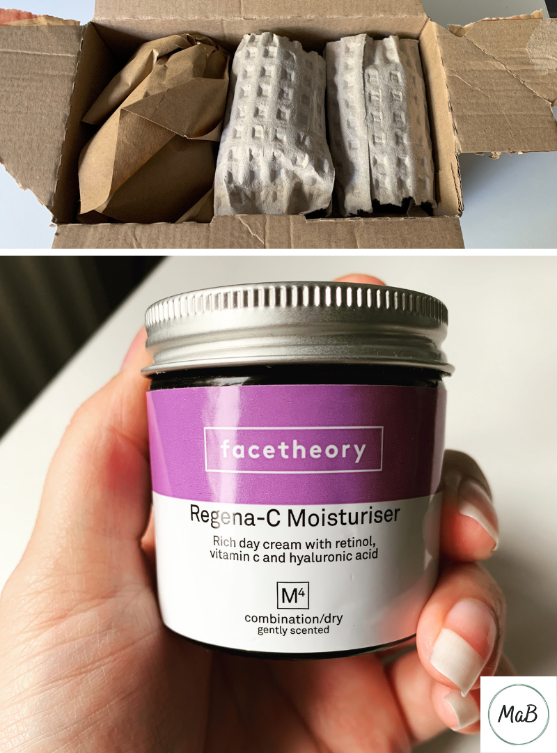 Facetheory moisturiser review - a photo of the packaging the moisturiser came in, along with a photo of me holding the jar of said cream in my hand.